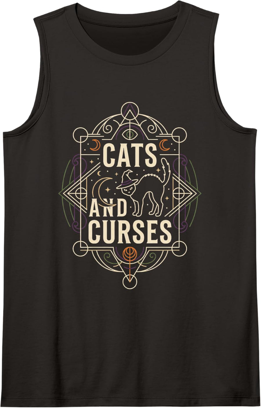 Cats and Curses Witchy Halloween Occult Goth Design Sleeveless Tank Top - Black