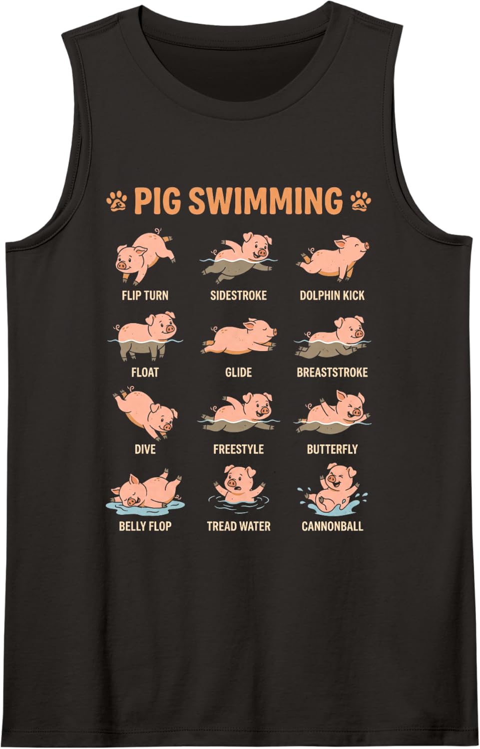 Pig Swimming Retro Poses Cute Funny Animal Chart Sleeveless Tank Top - Black