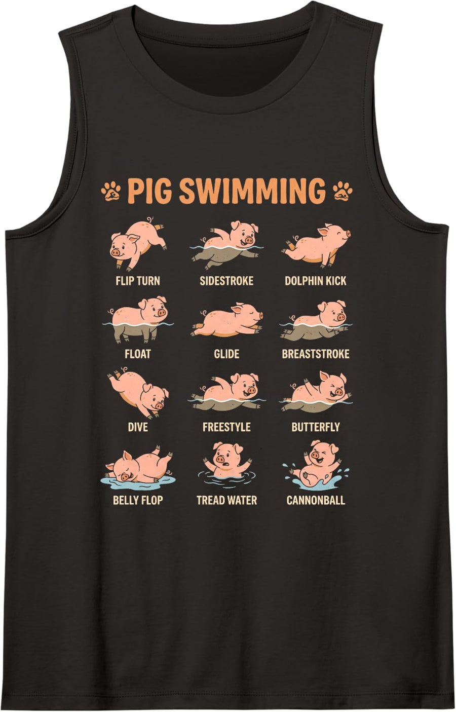 Pig Swimming Retro Poses Cute Funny Animal Chart Sleeveless Tank Top - Black