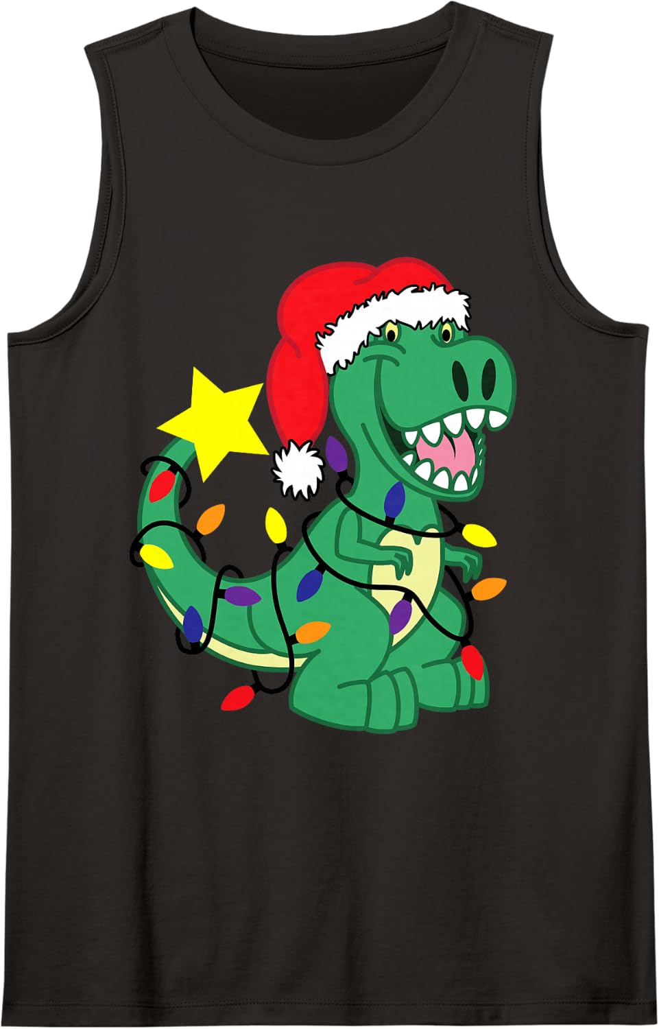Christmas Dinosaur in Tangled Xmas Lights Tree Rex Pajamas Sleeveless Tank Top - Black