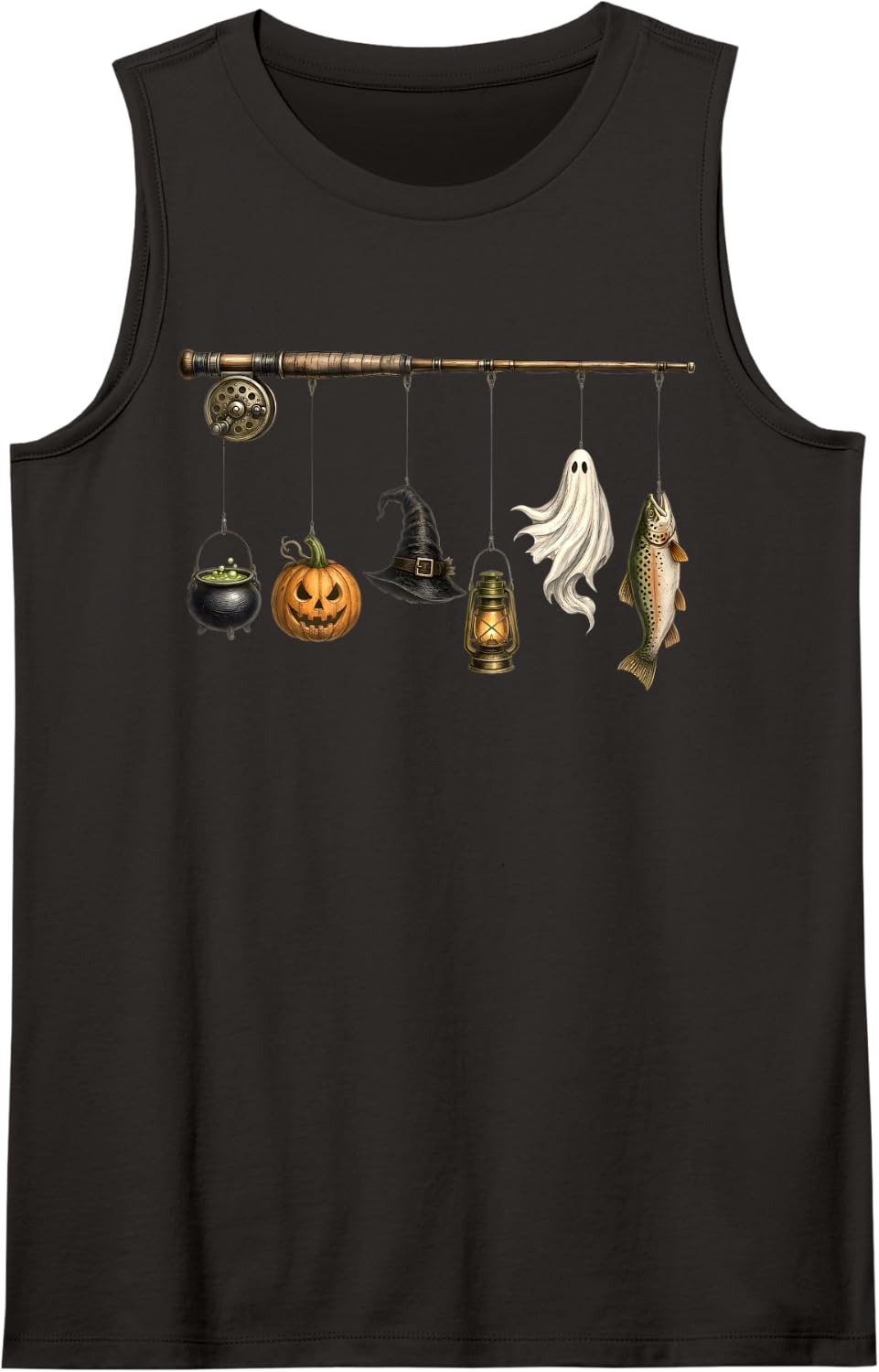 Halloween Fishing Spooky Fly Rod Fisherman Pumpkin Ghost Sleeveless Tank Top - Black