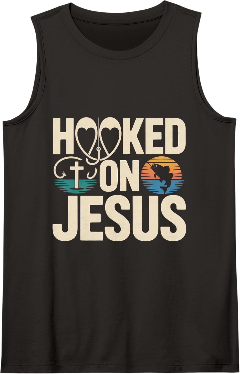 Hooked On Jesus Christian Fishing Jesus Faith Bass Fish Sleeveless Tank Top - Black