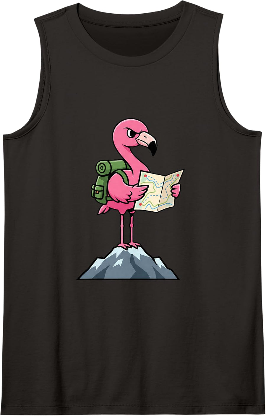 Funny Flamingo Hiker Cute Cartoon Camping Mountain Trail Sleeveless Tank Top - Black
