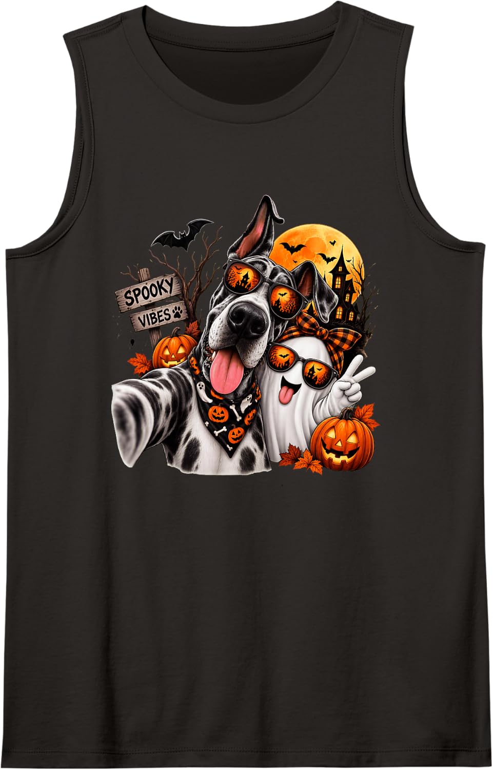 Spooky Great Dane Selfie with Ghost Halloween Dog Design Sleeveless Tank Top - Black