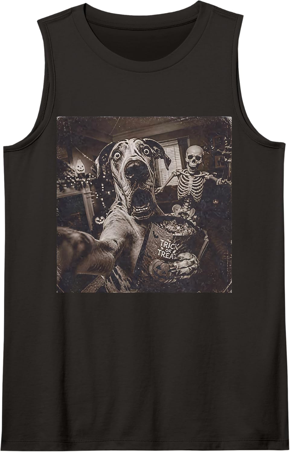 Great Dane Dog Skeleton Selfie Funny Dog Meme Halloween Sleeveless Tank Top - Black