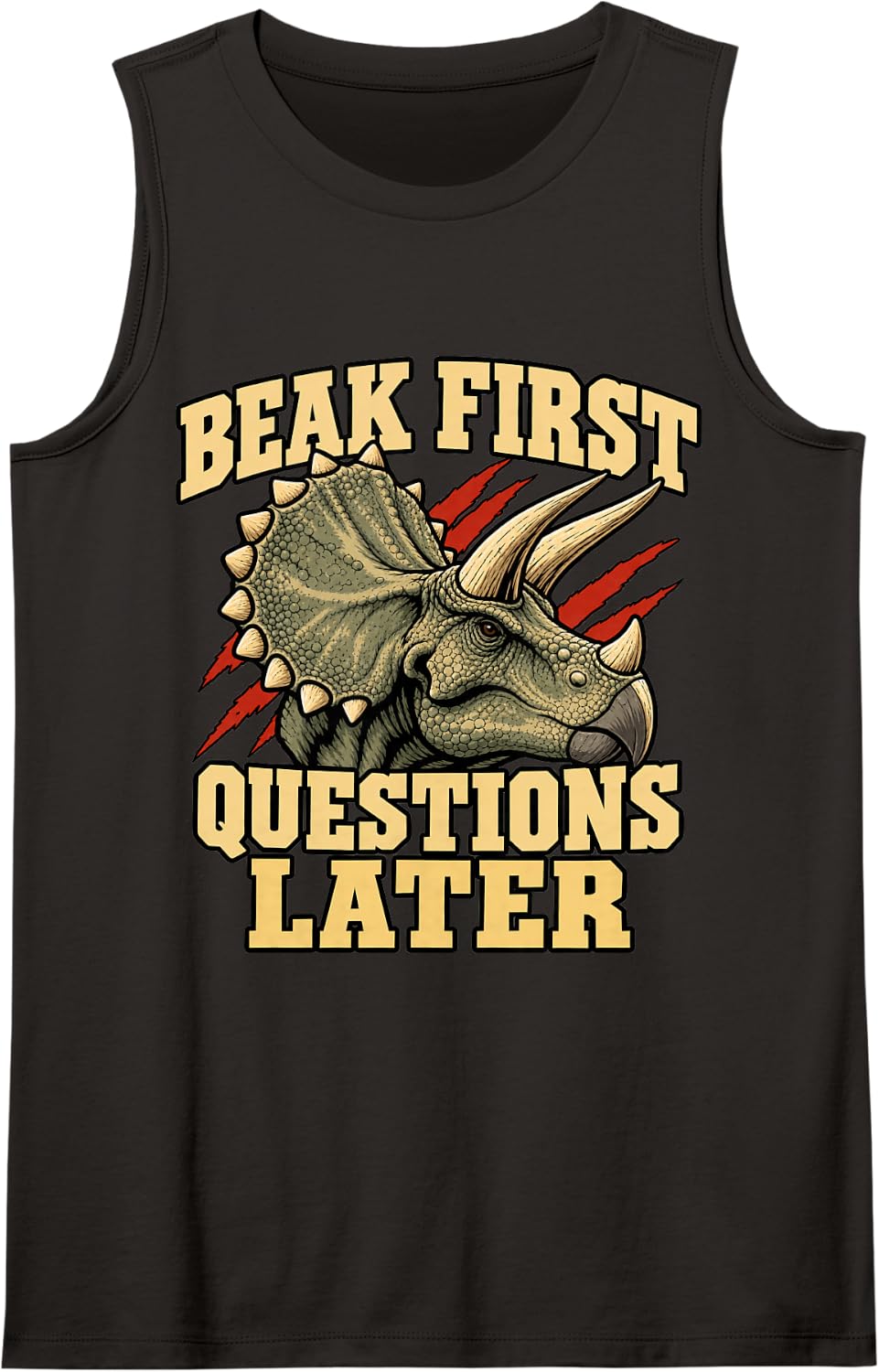 Triceratops Beak First Questions Later Museum Fans Funny Sleeveless Tank Top - Black