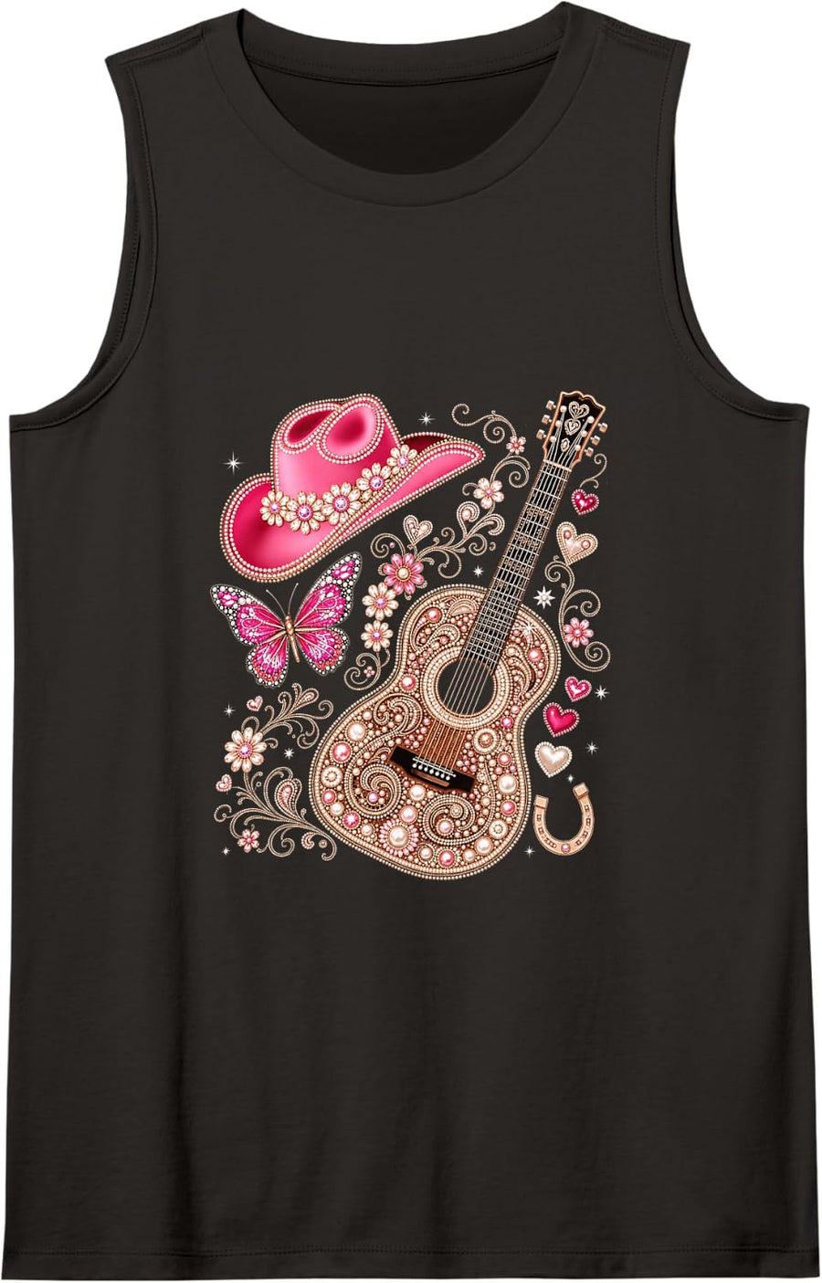 Pink Cowgirl Rhinestone Guitar Butterfly Western Country Sleeveless Tank Top - Black