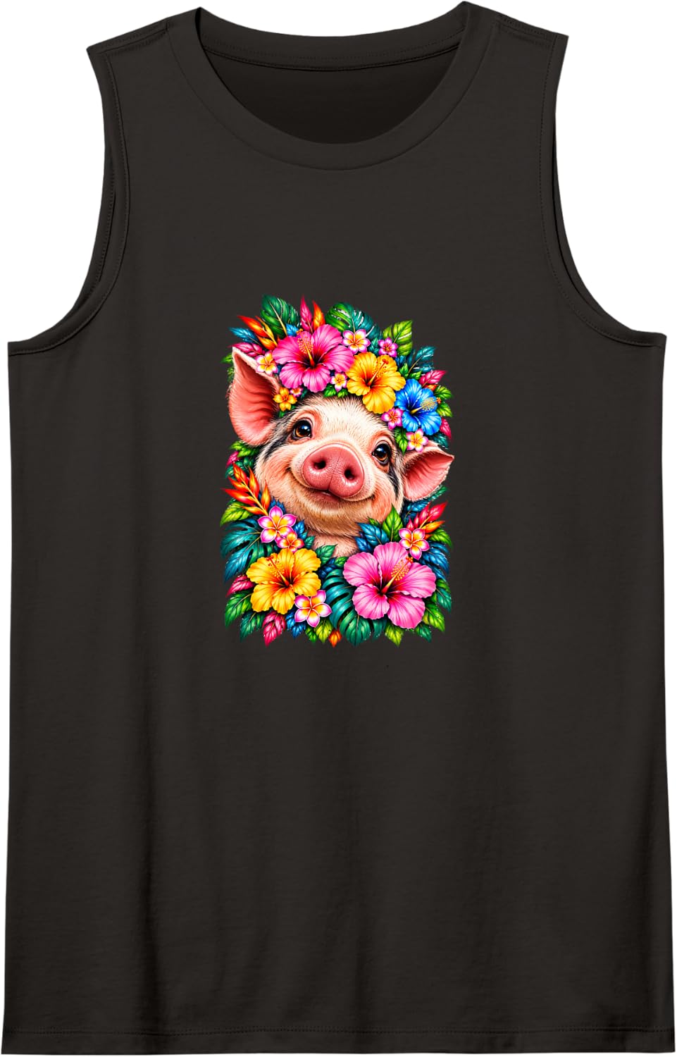 Cute Floral Pig Tropical Flowers Nature Art Tee Sleeveless Tank Top - Black