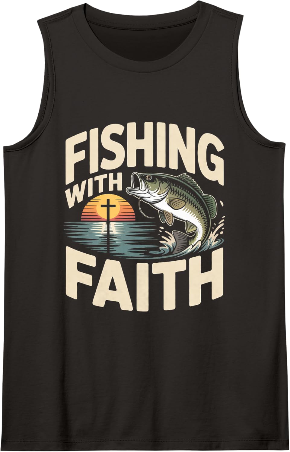 Fishing with Faith Christian Fishing Jesus Faith Bass Fish Sleeveless Tank Top - Black