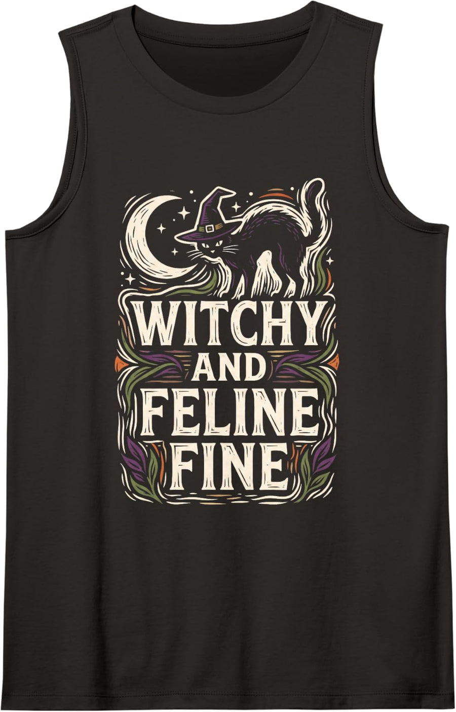 Witchy and Feline Fine Witchy Halloween Occult Goth Design Sleeveless Tank Top - Black