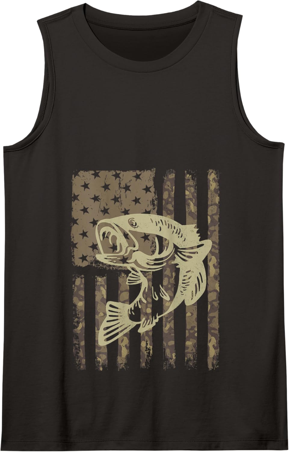 Camouflage USA Flag Big Mouth Bass Vintage Fishing Tank Top - Black