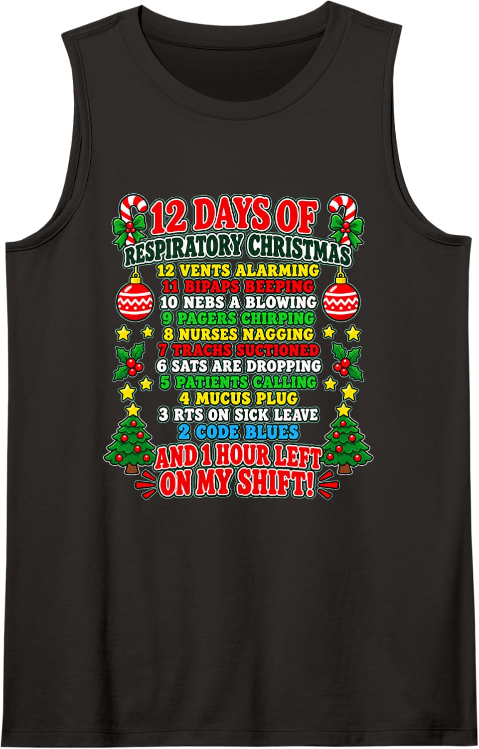 12 Days Respiratory Christmas RT Healthcare Worker Humor Sleeveless Tank Top - Black