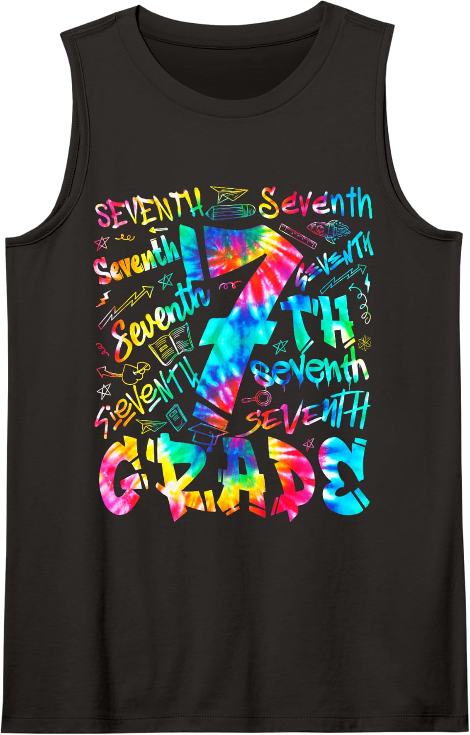 Back to School Seventh 7th Grade Tie Dye Typography Teacher Sleeveless Tank Top - Black