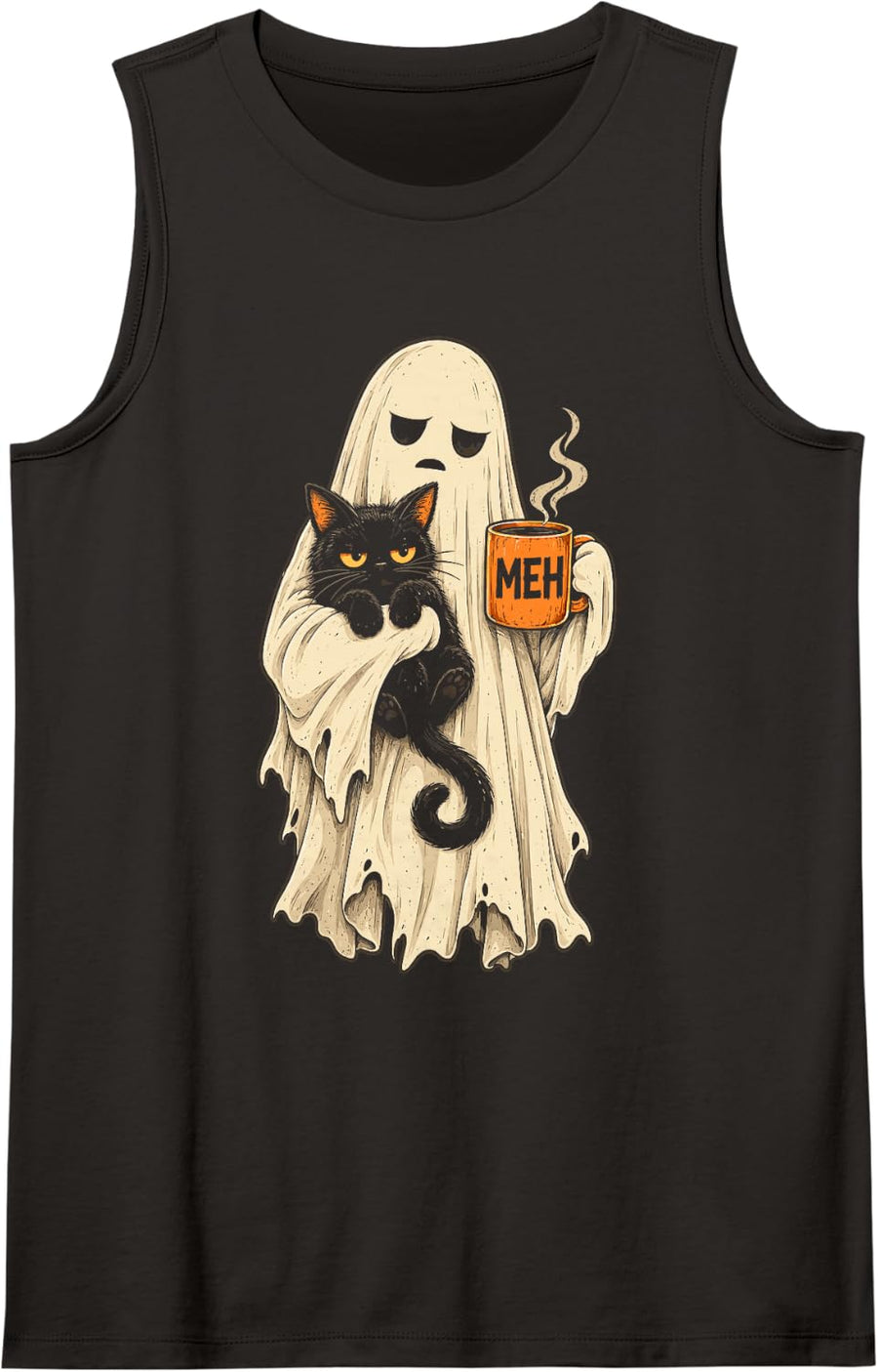Halloween Costume Ghost Cat Black Cat Pumpkin Coffee Spooky Sleeveless Tank Top - Black
