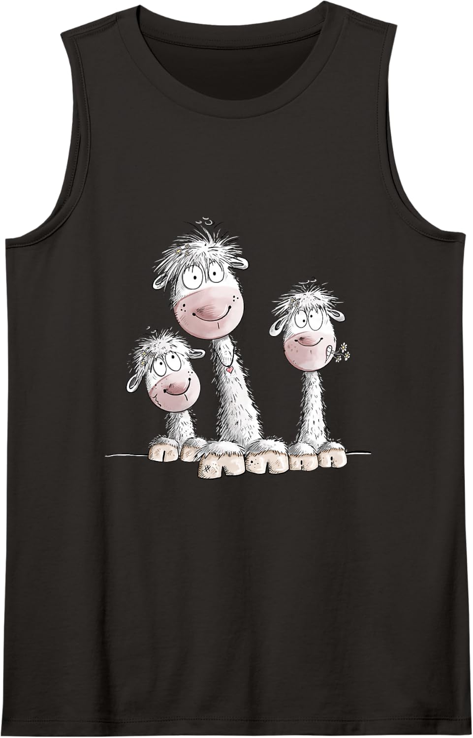 Happy Alpaca Llama Trio Cartoon Design Animal Humor Art Sleeveless Tank Top - Black