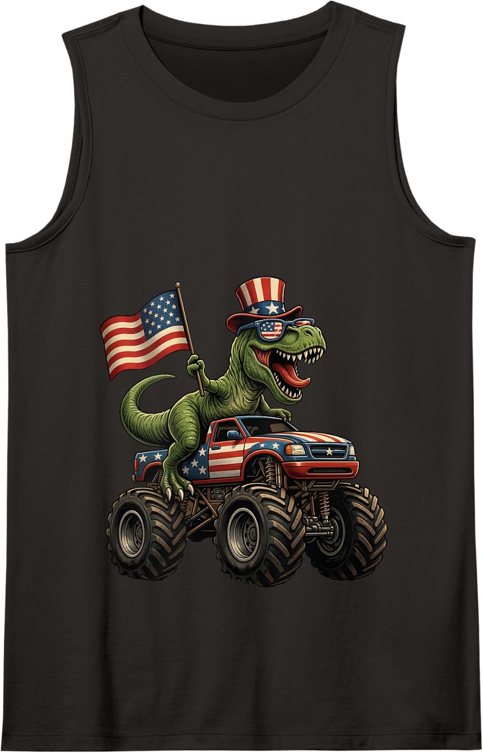 Dinosaur T Rex 4th of July Monster Truck Patriotic Kids Boys Tank Top - Black
