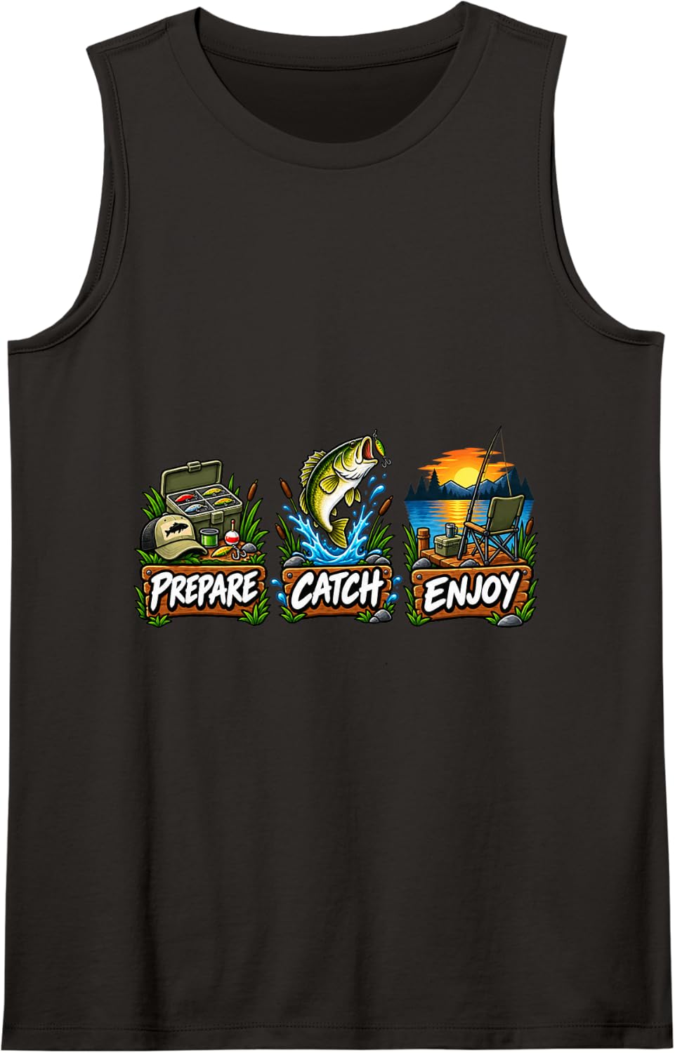 Fishing Angler Bass Outdoors Brew Work Repeat Sleeveless Tank Top - Black