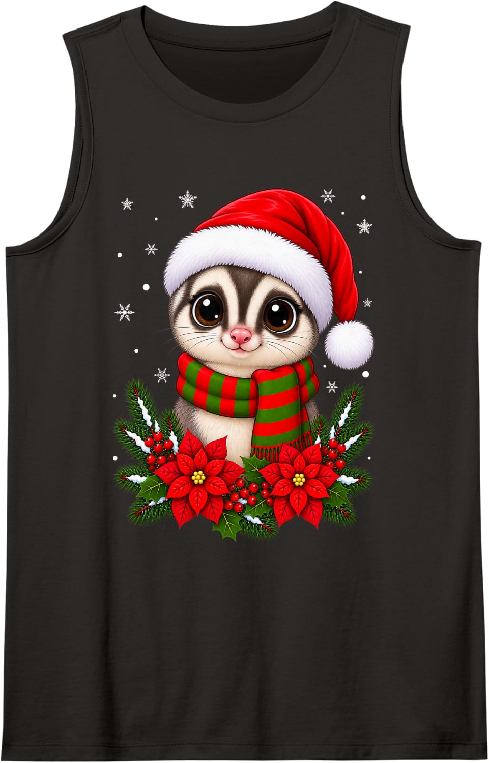 Cute Animal Festive Flowers Santa Hat Sugar Glider Christmas Sleeveless Tank Top - Black