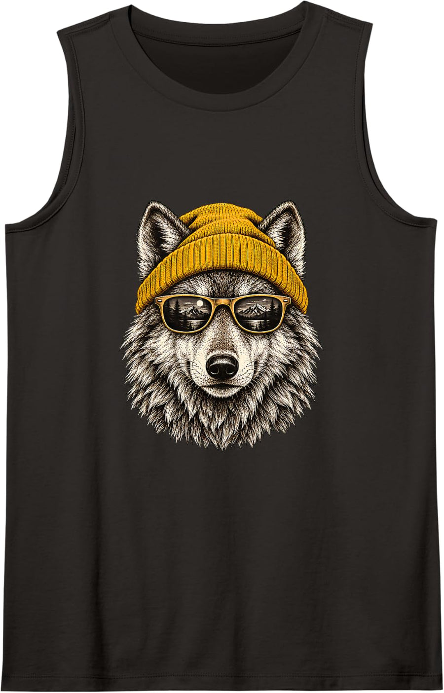 Vintage Wolf Beanie Mountain Wildlife Streetwear Sleeveless Tank Top - Black