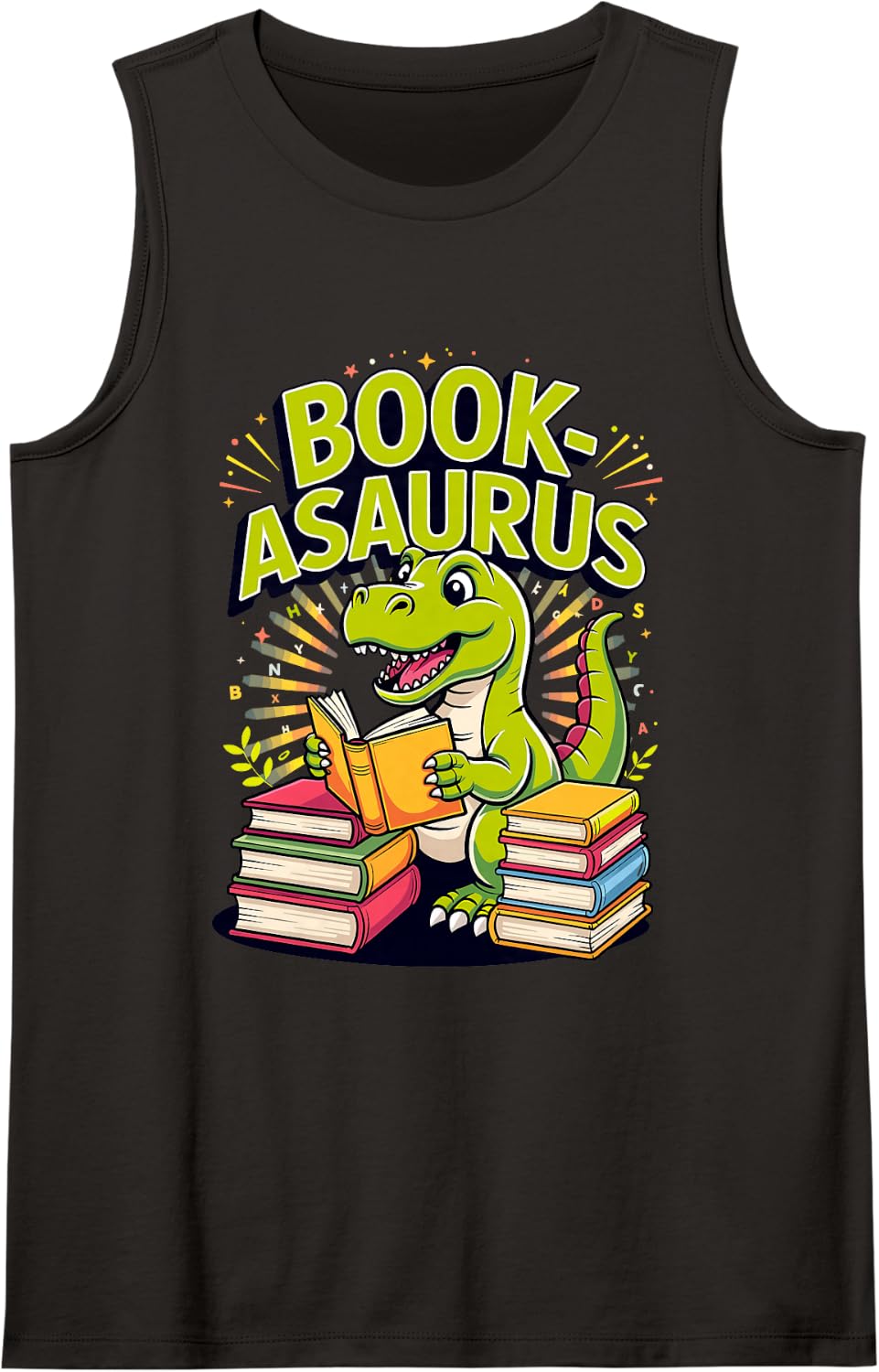 Bookasaurus Reading Book Lover Dinosaur Pun Sleeveless Tank Top - Black