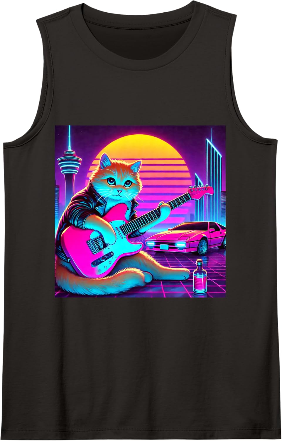 Synthwave Retrowave Outrun Aesthetic Cat Playing Guitar Sleeveless Tank Top - Black