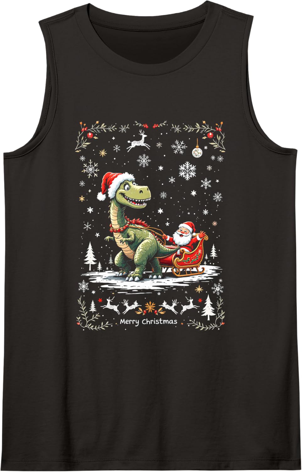 Merry Christmas Santa Riding a Dinosaur Sleeveless Tank Top - Black