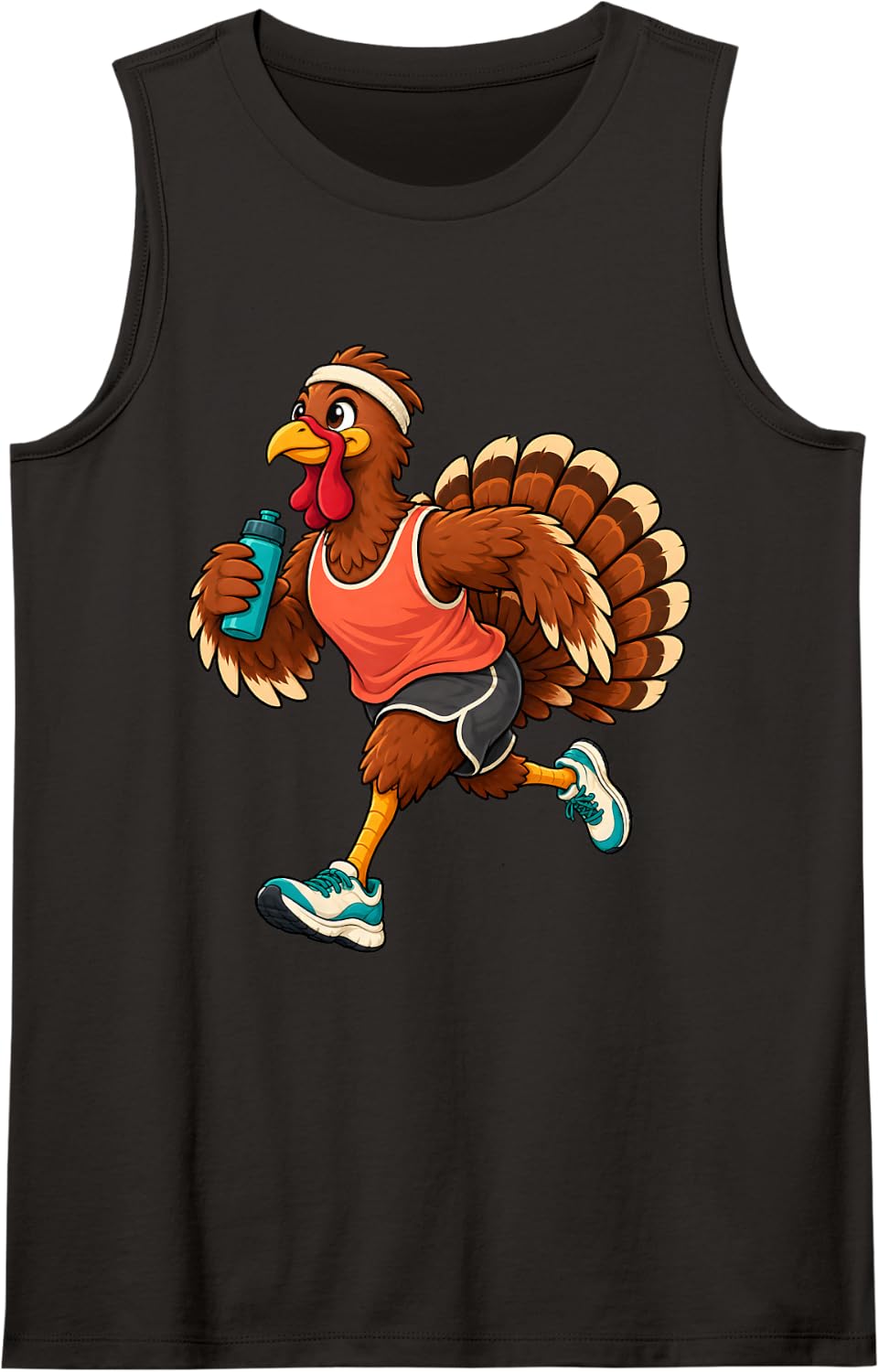 Running Turkey Funny Thanksgiving Jogging Sports Cartoon Sleeveless Tank Top - Black