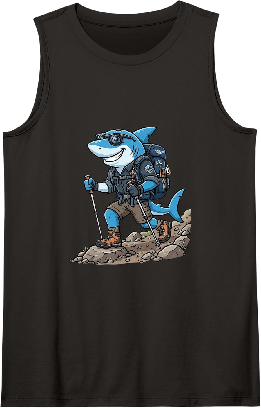 Funny Shark Hiker Cute Cartoon Camping Mountain Trail Sleeveless Tank Top - Black