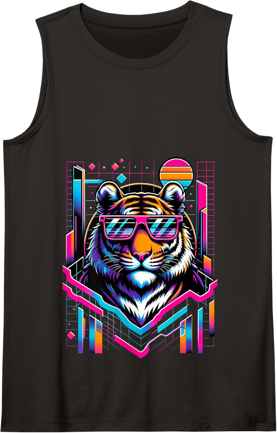 Cool Tiger 80s Retrowave 90s Vaporwave Tiger Tank Top - Black