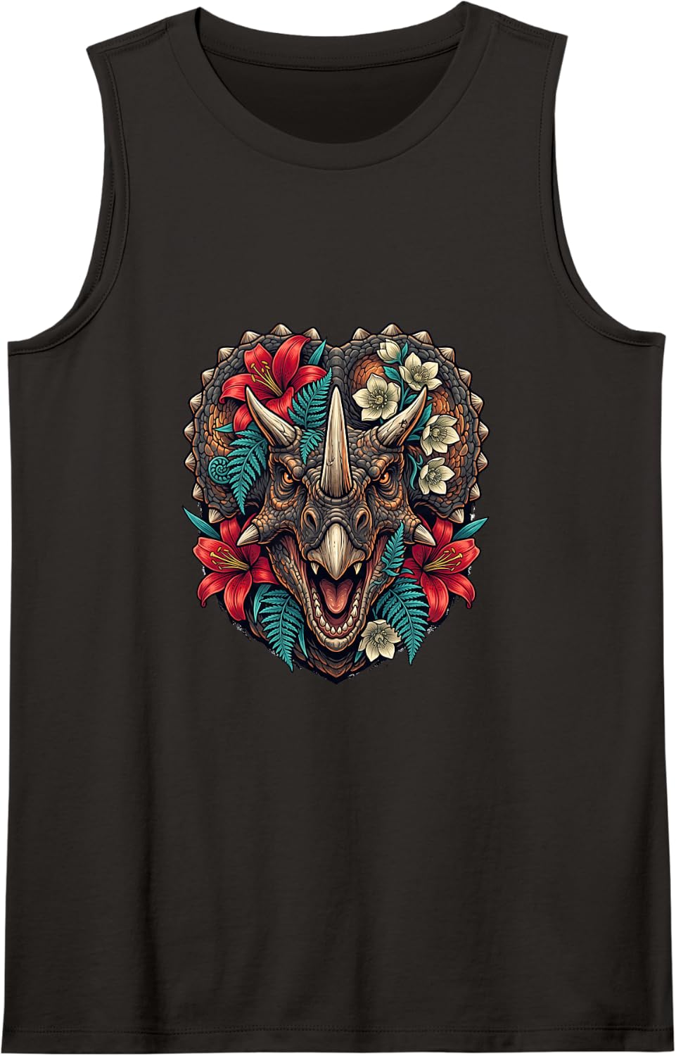 Triceratops Portrait with Botanical Details Sleeveless Tank Top - Black