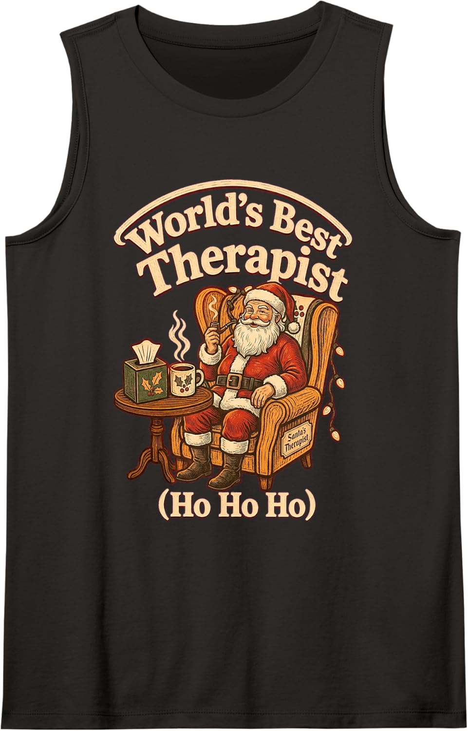 Best Therapist Christmas Cozy Reading Armchair String Lights Sleeveless Tank Top - Black