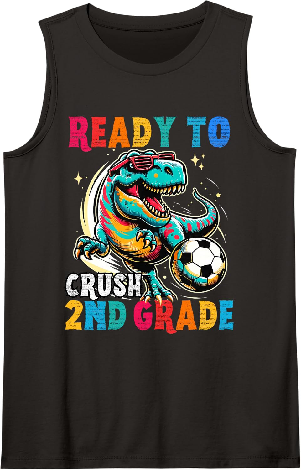 First Day Back to School 2nd Grade Kids Soccer Dinosaur Boys Tank Top - Black