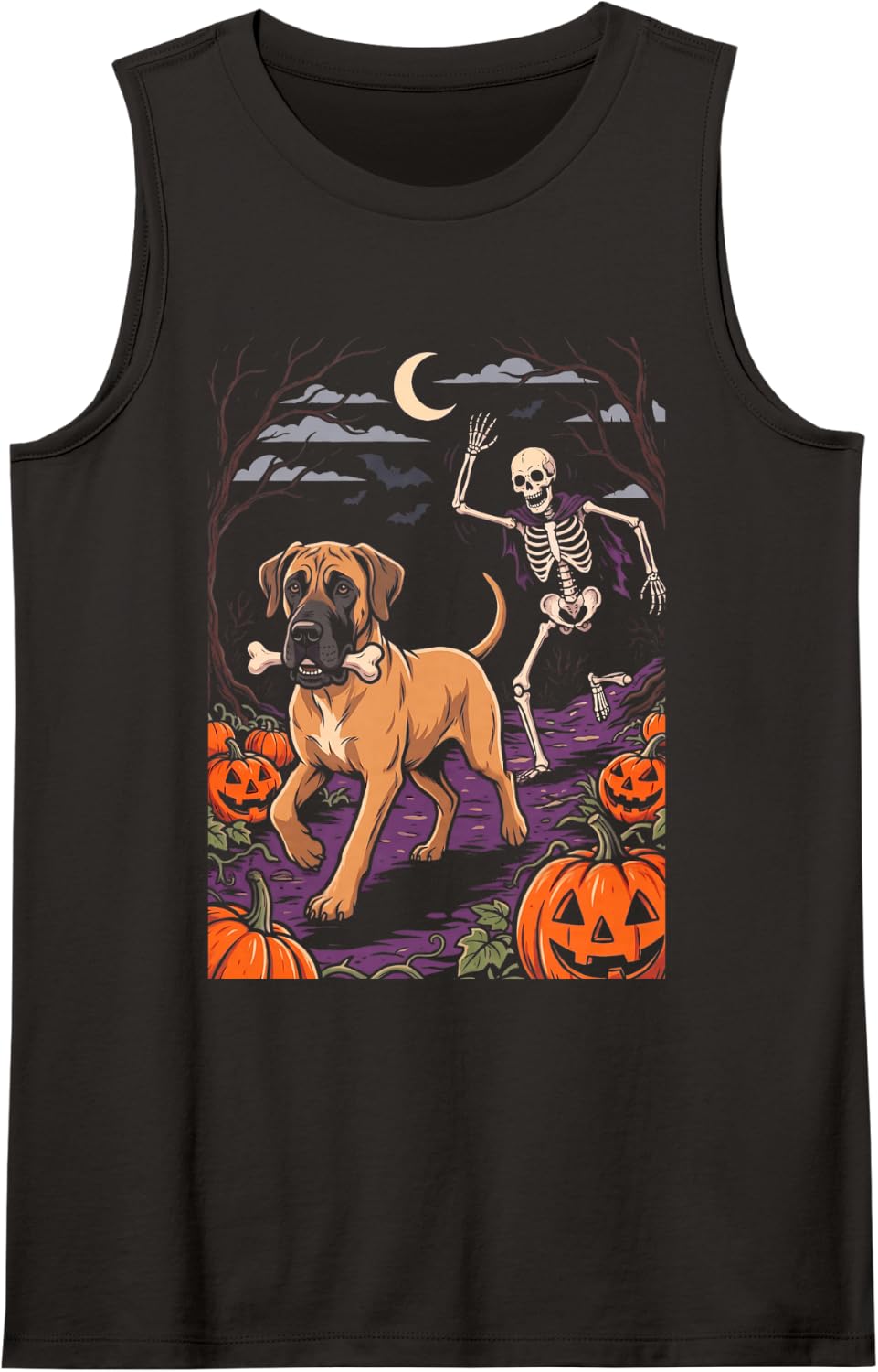 Great Dane Dog Stealing Bone from Skeleton Halloween Sleeveless Tank Top - Black