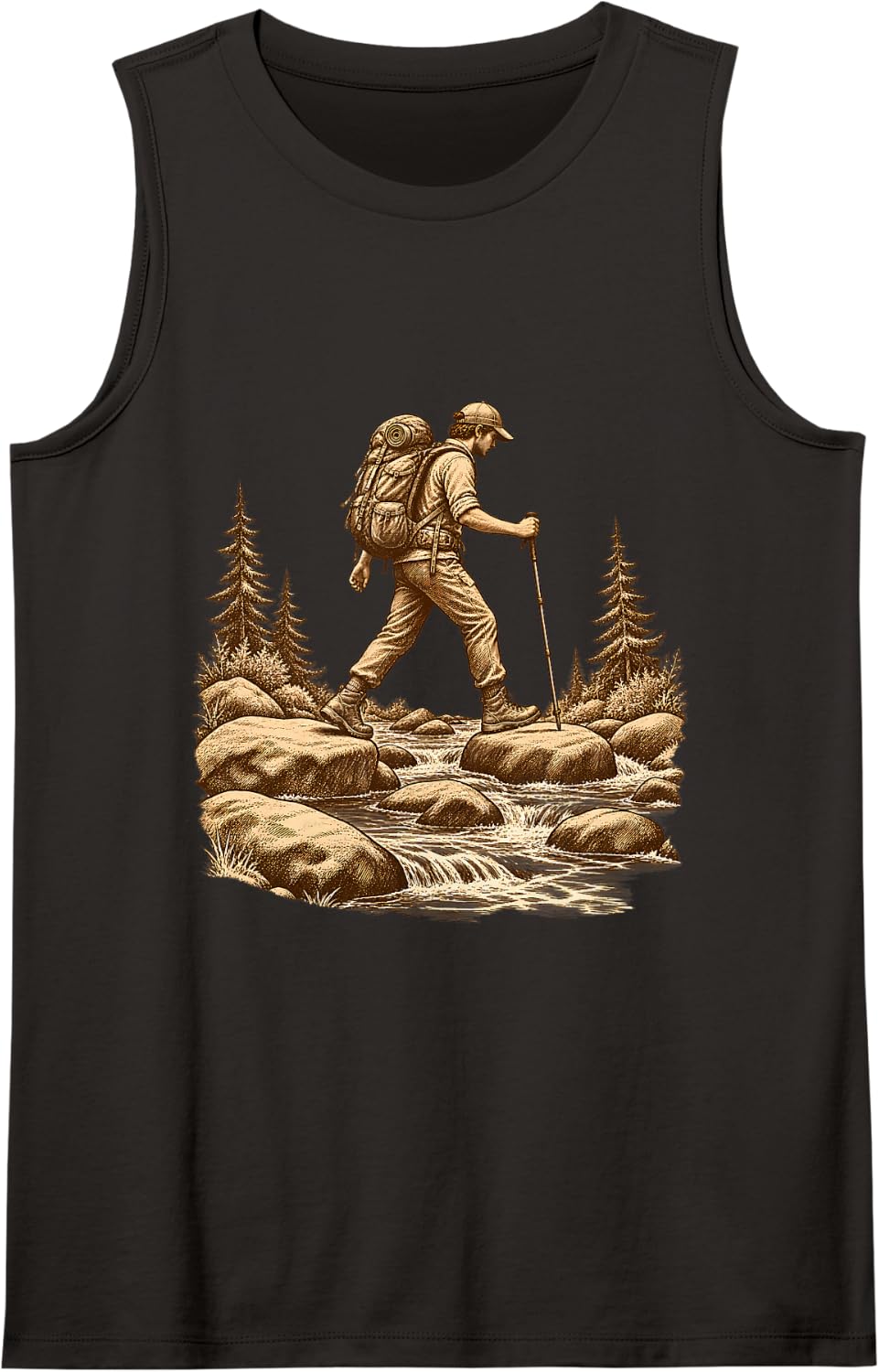 Vintage Backpacker Creek Crossing Thru Hiking Adventure Sleeveless Tank Top - Black