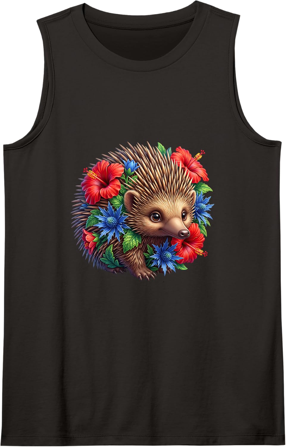 Hedgehog with Red and Blue Flowers Sleeveless Tank Top - Black