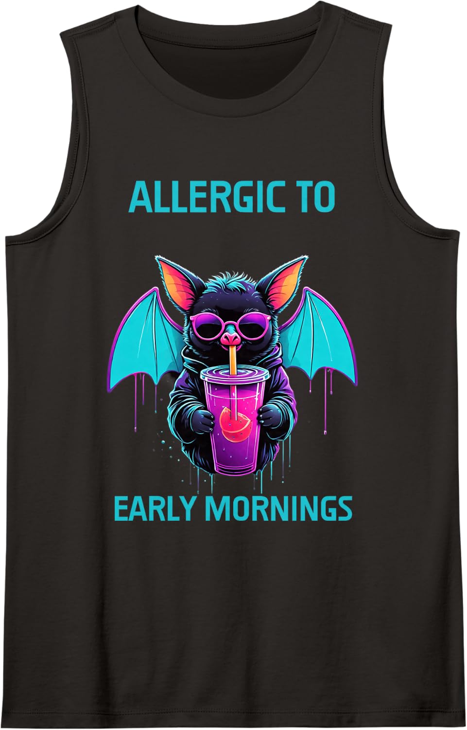 Synthwave Sleeping Bat Lazy Weekend Sleep in Humor Sleeveless Tank Top - Black