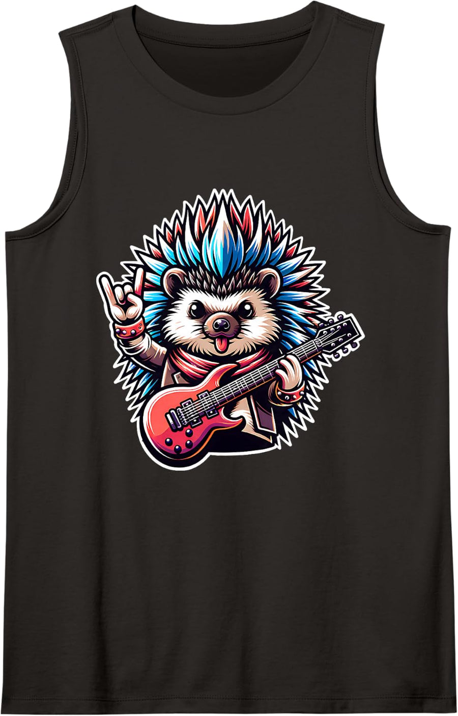 Hedgehog Rock and Roll Hand Sign Electric Guitar Rocker Tank Top - Black