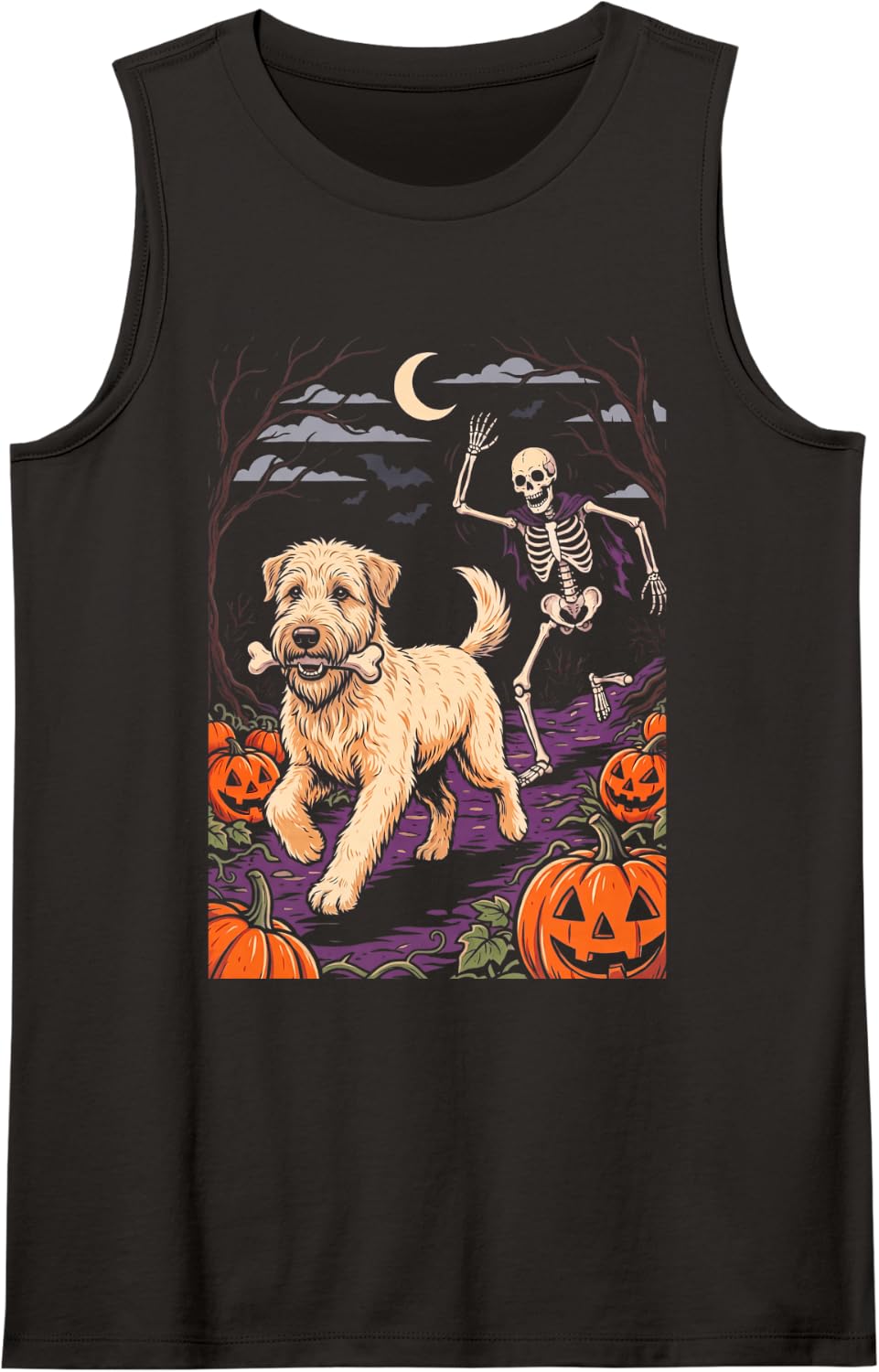 Soft Coated Wheaten Terrier Dog Stealing Bone from Skeleton Sleeveless Tank Top - Black