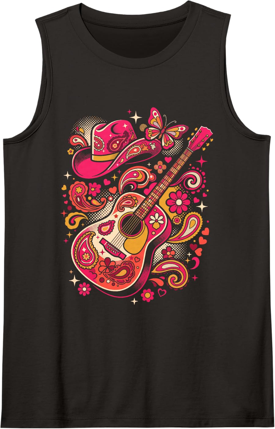 Pink Cowgirl Guitar Shirt Country Concert Western Tee Sleeveless Tank Top - Black