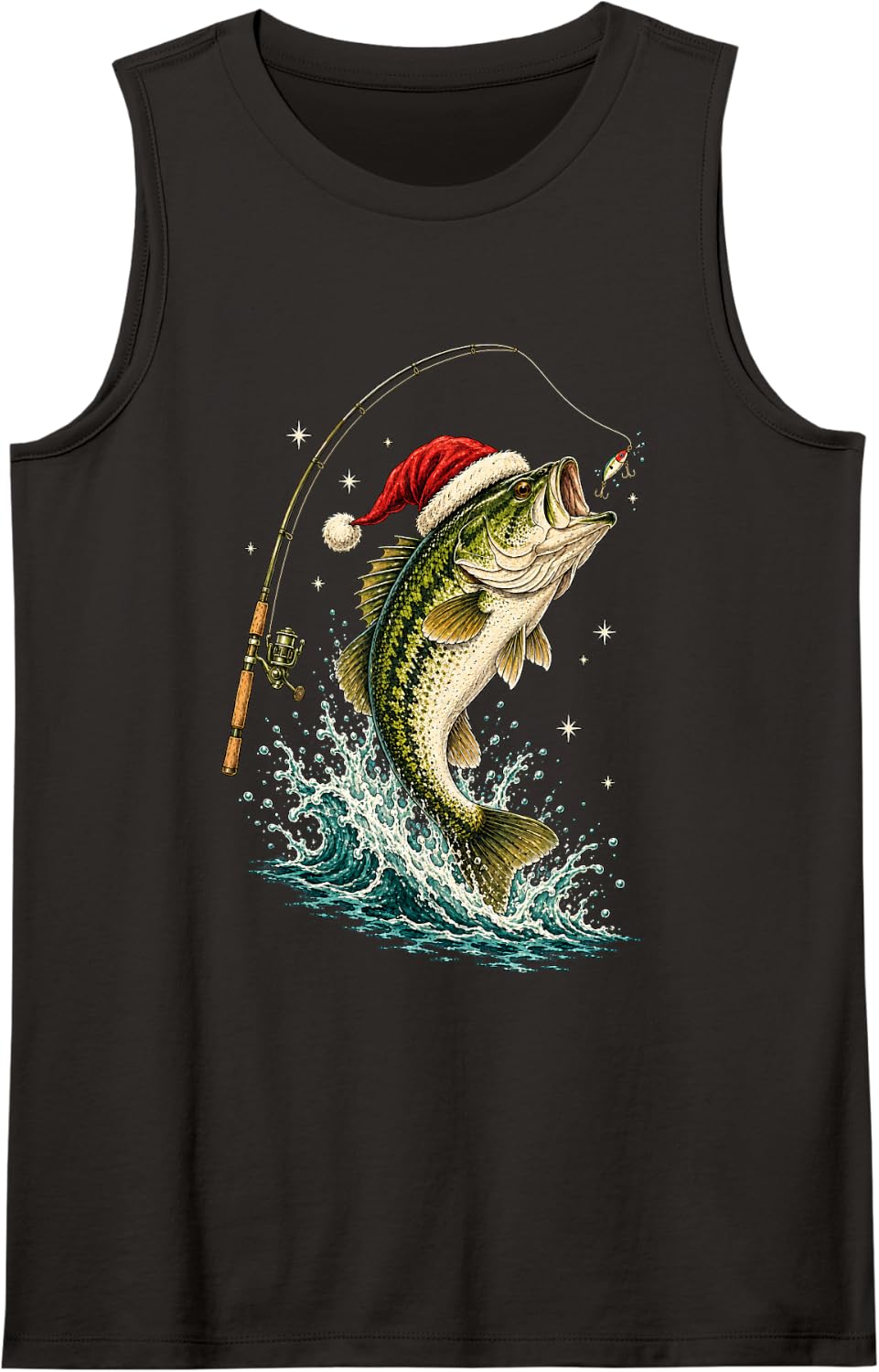 Christmas Bass Fishing Santa Hat Vintage Fish Illustration Sleeveless Tank Top - Black