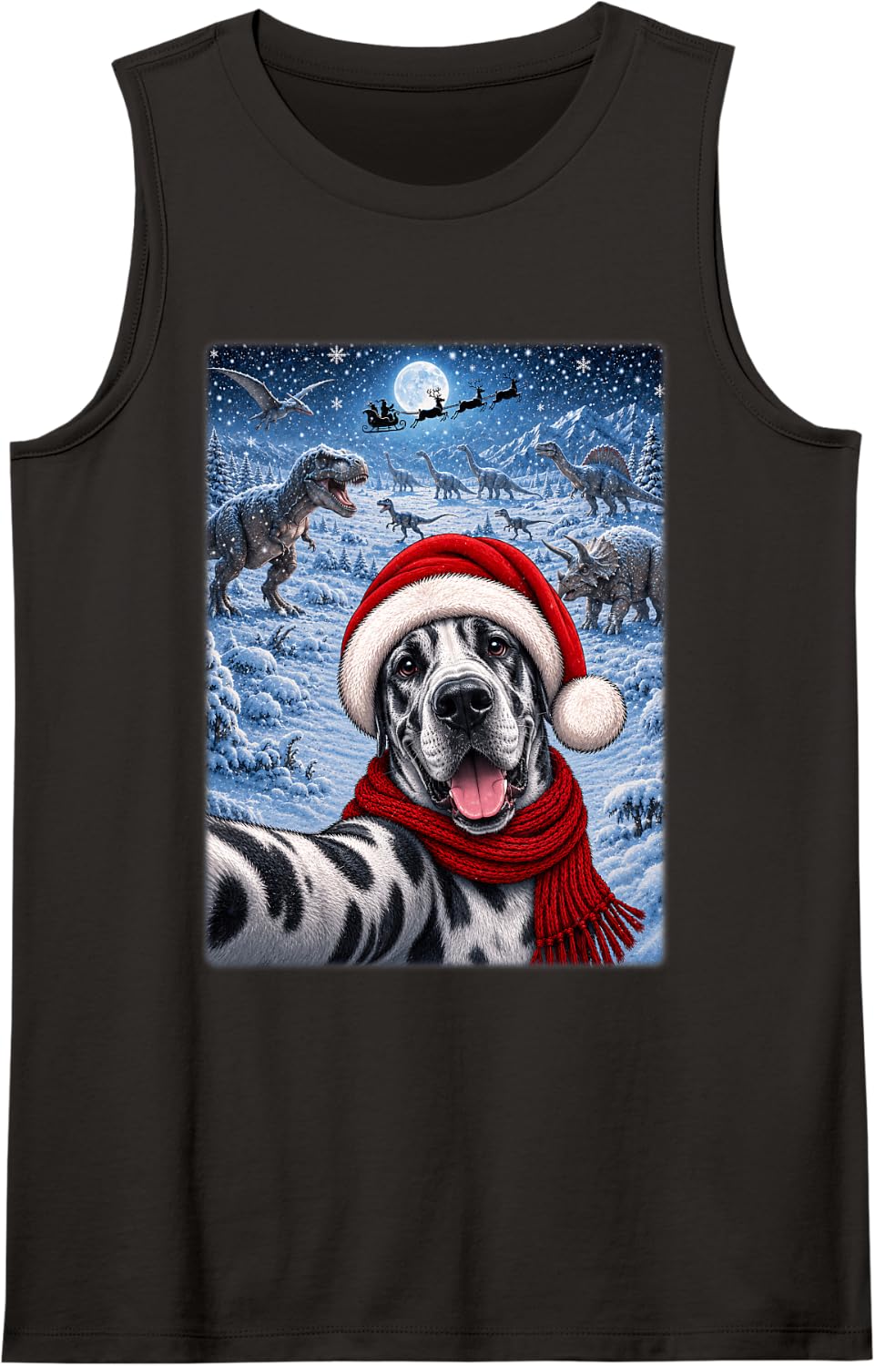 Great Dane Dog Christmas Moon Night Starry Dinosaurs Xmas Tank Top - Black