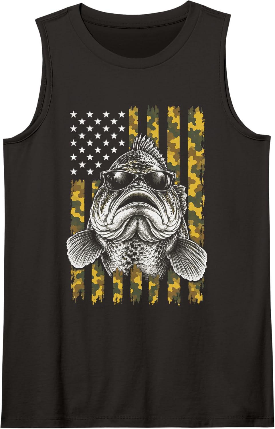 Fishing Bass Season Camo American Flag Sunglasses Angler Sleeveless Tank Top - Black