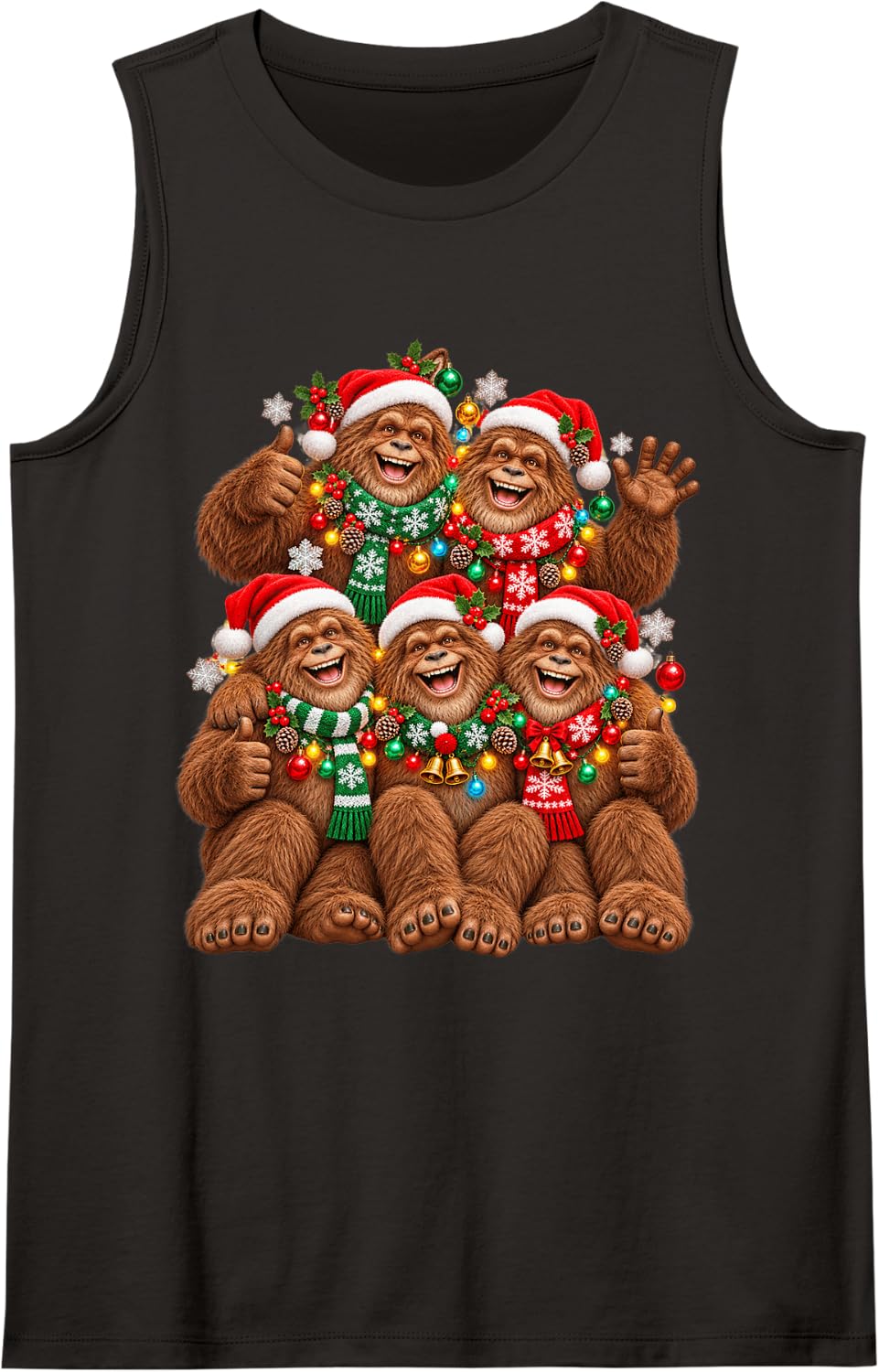 Christmas Lights Sasquatch Santa Funny Xmas Trees Sleeveless Tank Top - Black