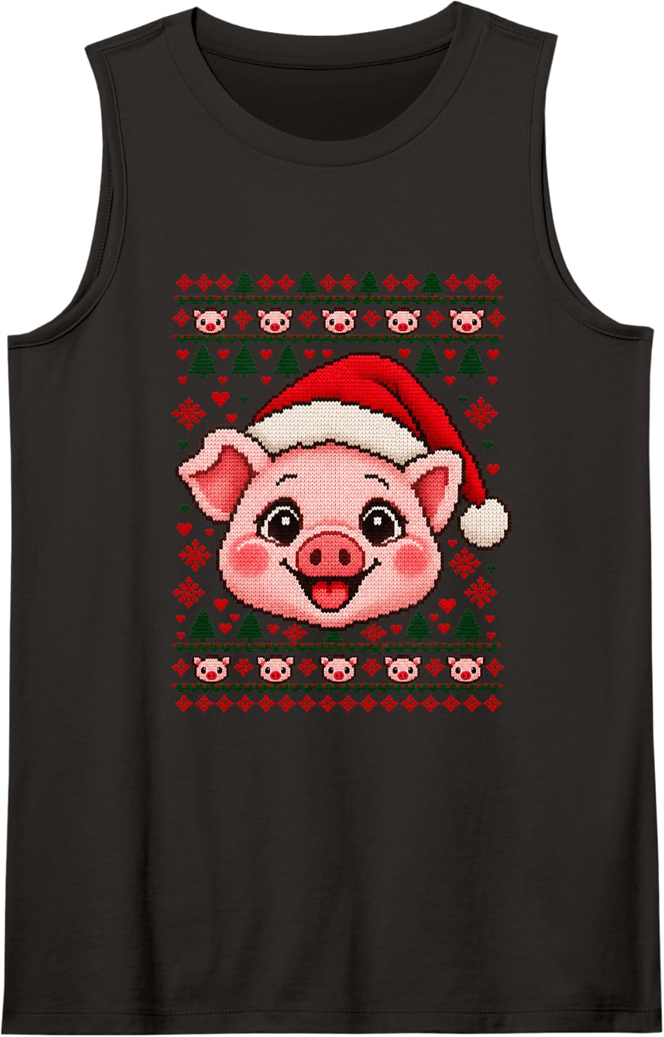 Happy Pig Christmas Dog Santa Hat Ugly Sweater Sleeveless Tank Top - Black