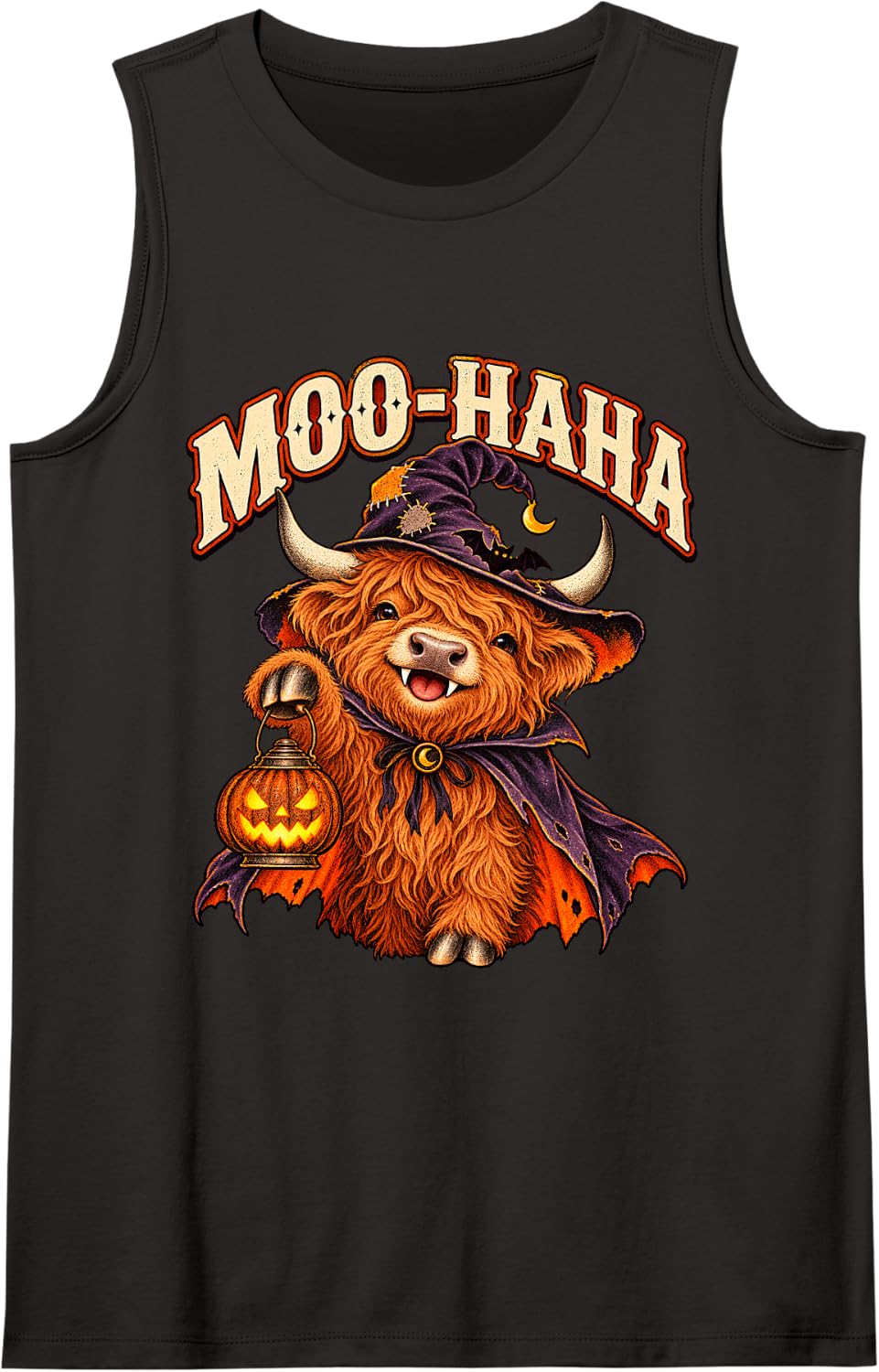 Moo-Haha Retro Halloween Highland Cow Witch Calf Sleeveless Tank Top - Black