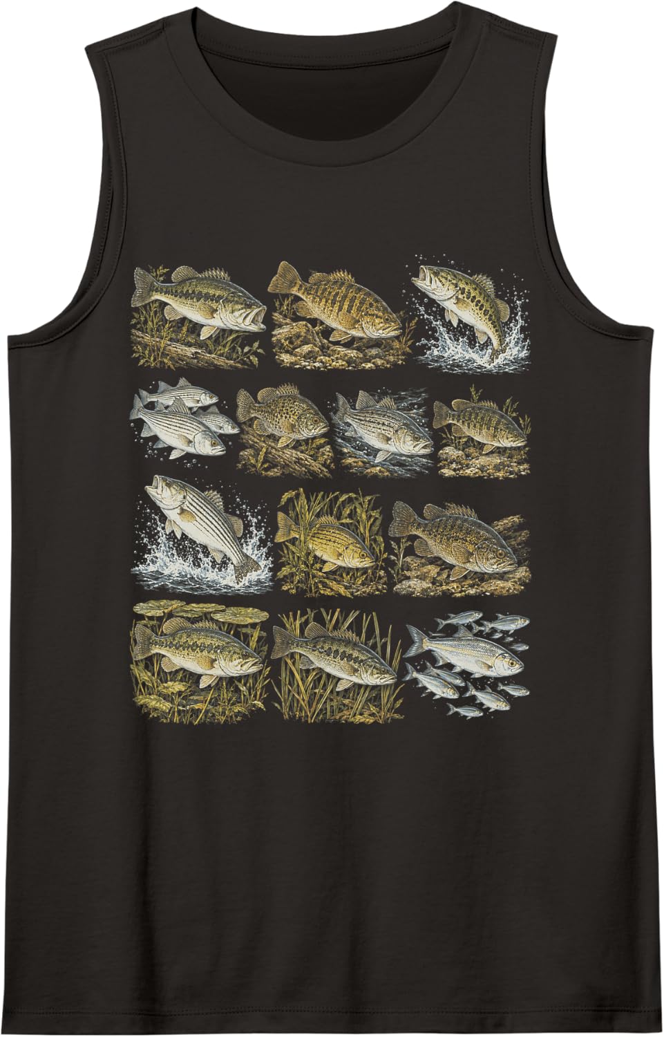 Fishing Bass Season Largemouth Striper Fish Collage Sleeveless Tank Top - Black