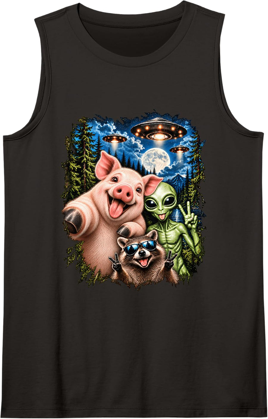 Pig Selfie Alien Raccoon UFO Funny Men Women Kids Sleeveless Tank Top - Black