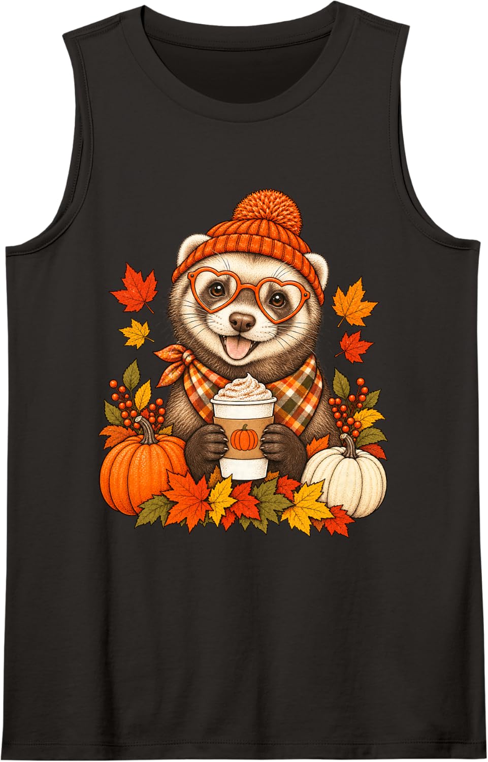 Ferret Fall Autumn Season Pumpkin Spice Sleeveless Tank Top - Black
