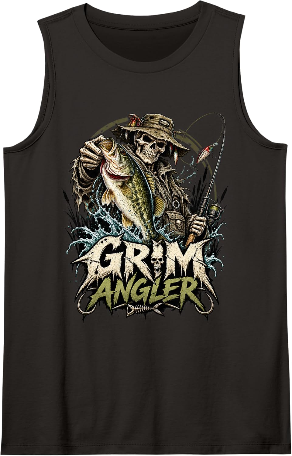 Skeleton Largemouth Bass Fishing Grunge Sleeveless Tank Top - Black