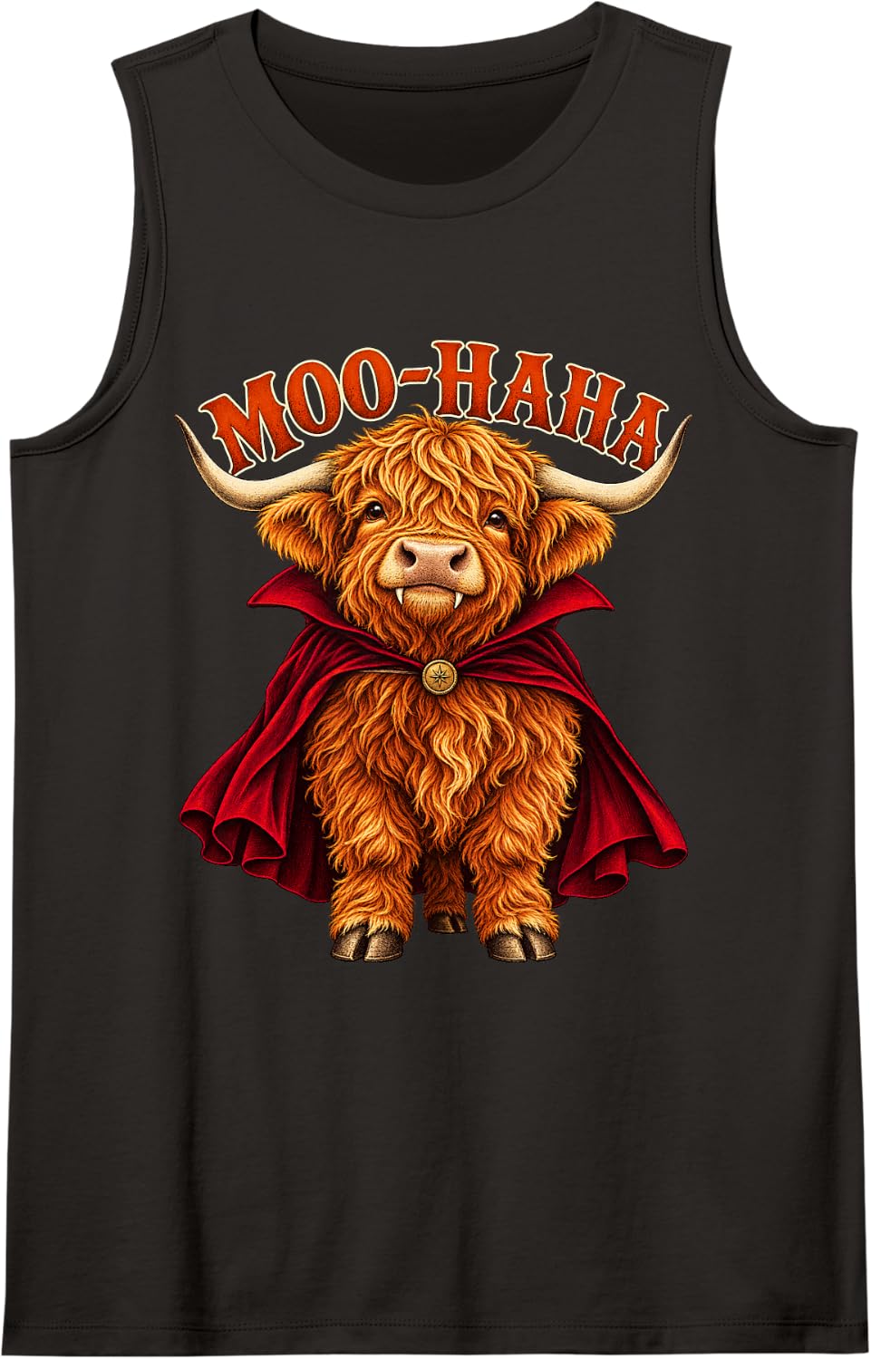 Highland Cow Vampire Cape Cute Halloween Calf - Moo-Haha Sleeveless Tank Top - Black